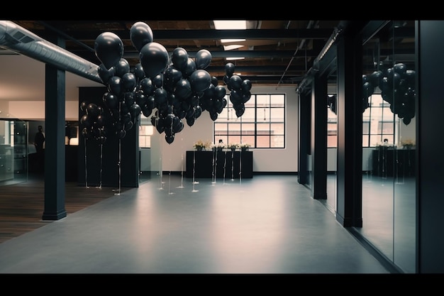 Black balloons hang from the ceiling of a room with a bar in the background.