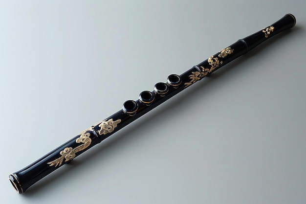 Photo black bamboo flute with golden decoration simple flat design style on a white background the flute