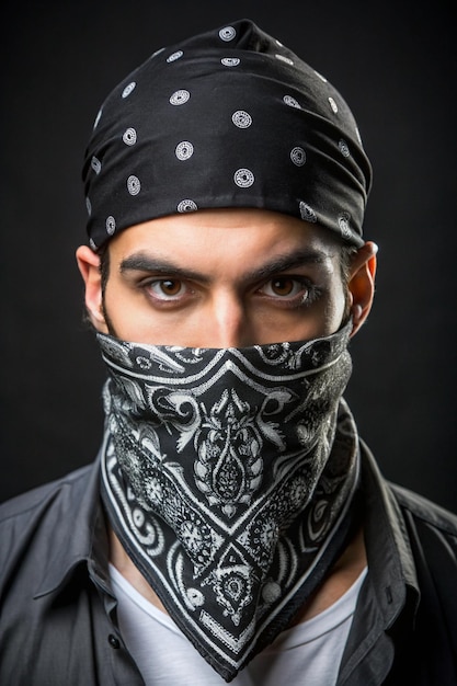 Photo black bandana with a white pattern accessory for concerts rockers bikers rappers hiphop metalheads punk rock rap an element of clothing handkerchief for the face