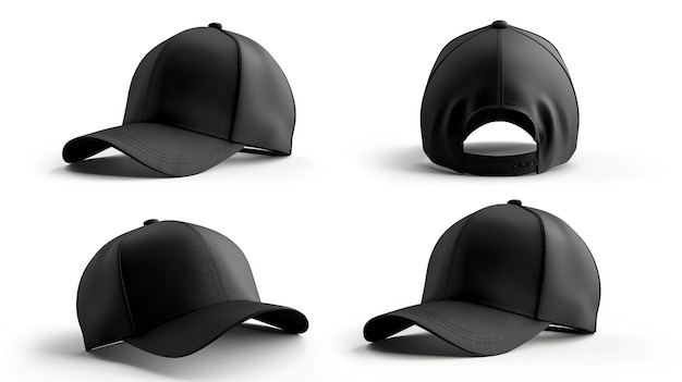 A black baseball cap mockup in four different angles