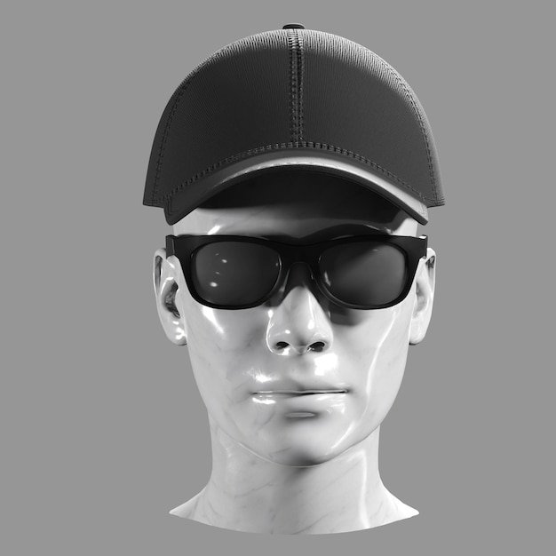 Black baseball caps mockup and sunglasses are worn on a marble mannequin Front view clipping path