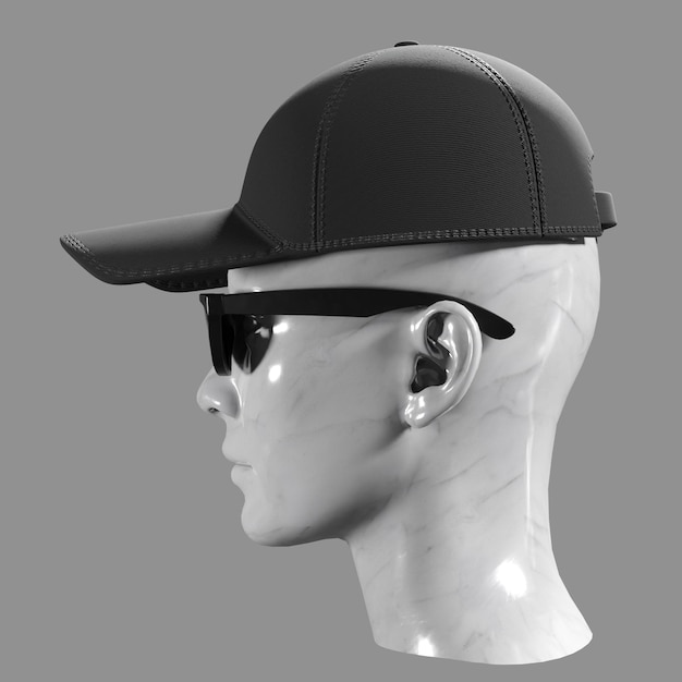 Black baseball caps mockup and sunglasses are worn on a marble mannequin Side view clipping path