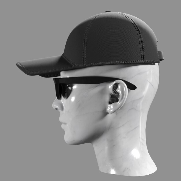 Photo black baseball caps mockup and sunglasses are worn on a marble mannequin side view clipping path