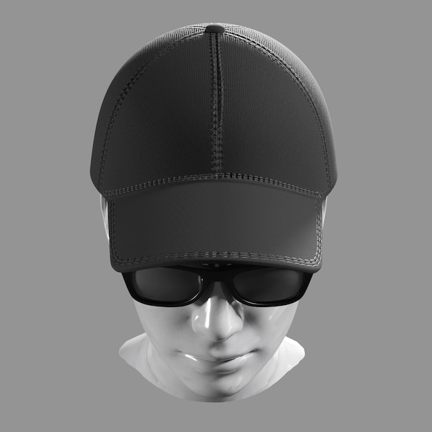 Black baseball caps mockup and sunglasses are worn on a marble mannequin Top view clipping path