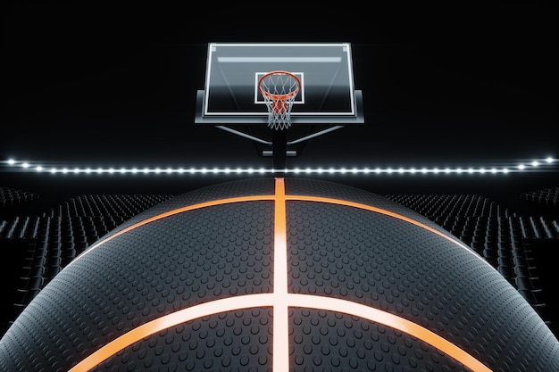 Black basketball against a basketball backdrop and ring on a dark background Basketball concept sports betting Copy space 3D illustration 3D rendering