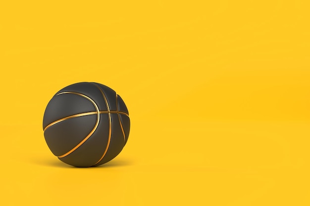 Black basketball on a bright yellow background Minimal creative sports concept 3D render