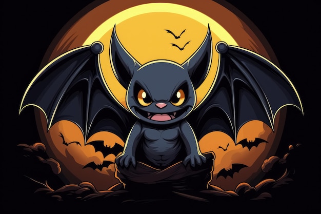 Black bat with outspread wings and angry face on backdrop of setting sun Illustration for Halloween