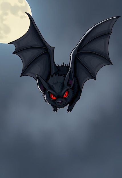 a black bat with red eyes and the red eyes of a full moon