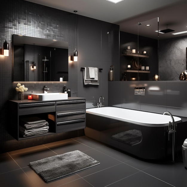 black bathroom with white black bathroom with black and white tiled walls