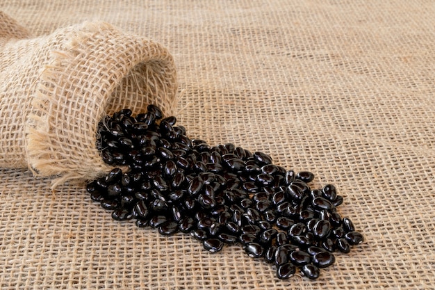 Black beans in jute bag