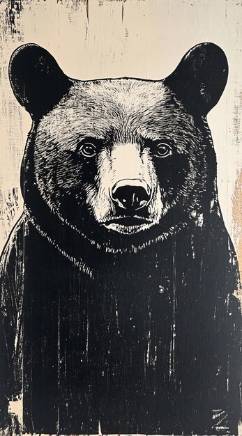 Photo black bear portrait on grunge background handdrawn illustration