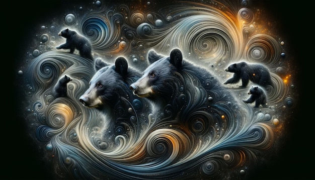 Black bears swirling in cosmic waves of nature