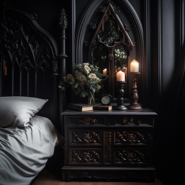 A black bedroom with a large window and a table with a clock on it.