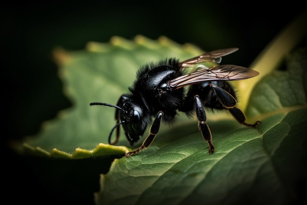 A black bee sits on a green leaf.