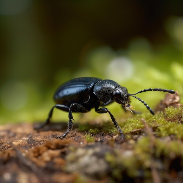 A black beetle is on a piece of wood with moss on it.