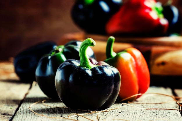 Black bell pepper vintage wooden background selective focus