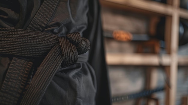 Black Belt Knot CloseUp with Traditional Martial Arts Weapons in Background for Print or Poster