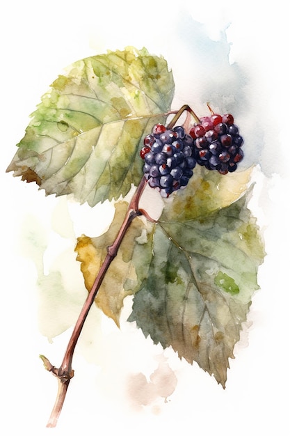 A black berry on a branch with leaves