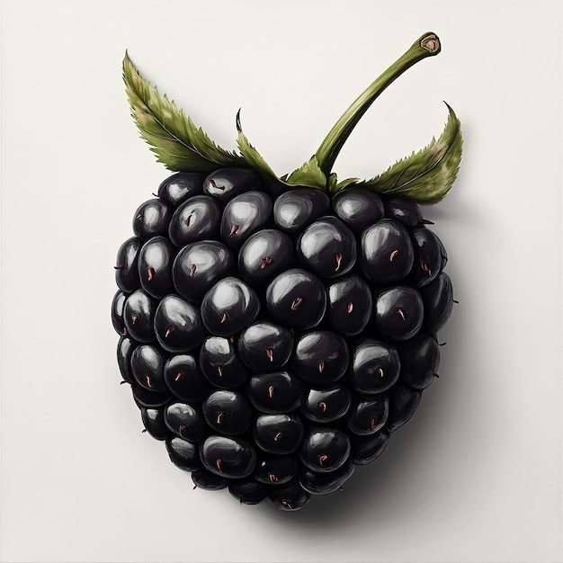 a black berry with a green stem and a leaf on it