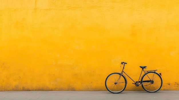 A black bicycle is parked in front of a bright yellow wall with a gray tiled floor in front of it