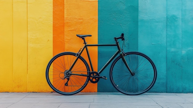 Photo black bicycle leaning against colorful wall