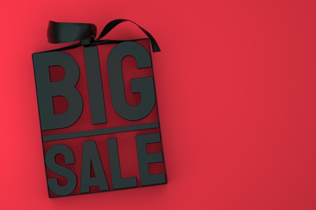 Black big sale 3d design rendering for sale promotion with bow and ribbon on red isolated background