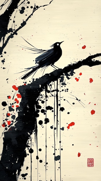 Black Bird on a Branch with Ink Splashes