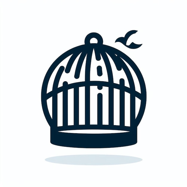 a black bird cage with a blue and white background