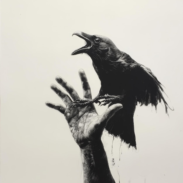 Photo a black bird is being held up by a person with their hands up