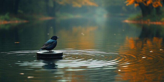 Photo black bird perched on a log in a still lake