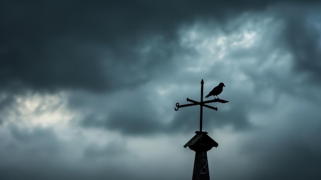 Black bird standing on a weather vane under dramatic sky