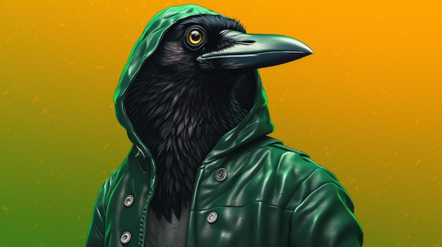 A black bird wearing a hoodie with a green backgr