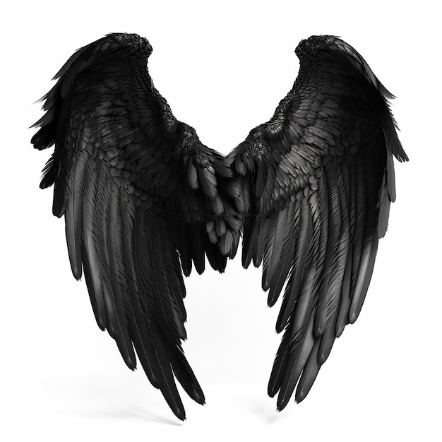 Black bird wings with feathers isolated on white closeup for tattoo design element