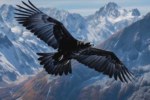 A black bird with a mountain in the background