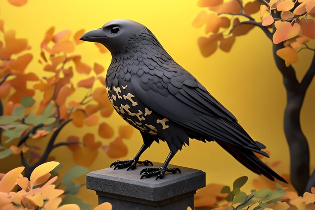 Photo black bird with yellow markings on a stone post in autumn