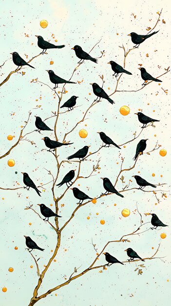 Black Birds on a Branch with Golden Dots