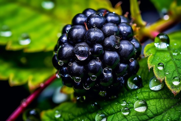 A black blackberry with water droplets on it