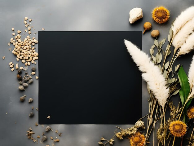 Photo a black blank card mockup surrounded by dried flower