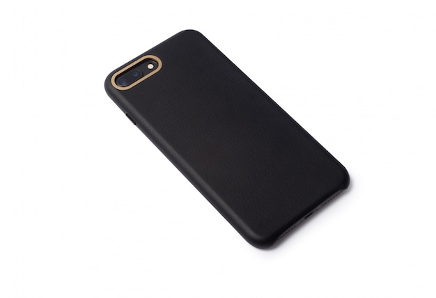 Black blank leather smartphone case isolated on white background with clipping path for your design.