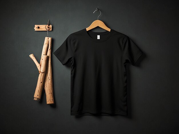 Photo black blank tshirt mocup with hanger isolated background