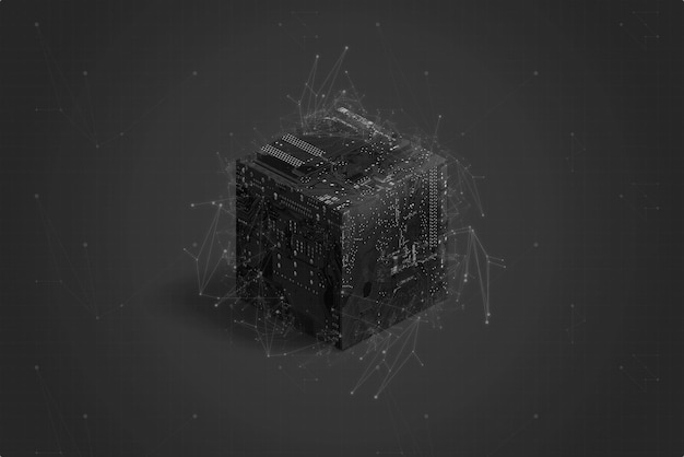 Black blockchain cube or circuit cube with polygons and nodes on black background