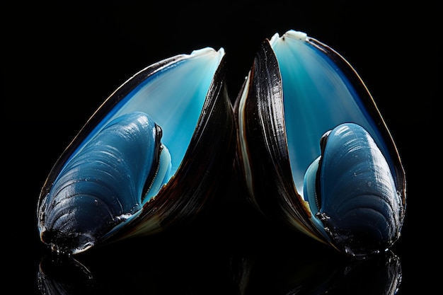 Photo a black and blue image of a black mussels with a blue background