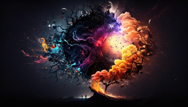 A black and blue image of a tree with smoke and a fireball.