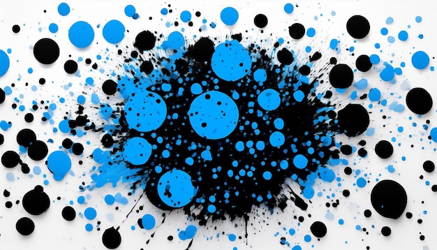 Photo black and blue random round paint splashes on white background