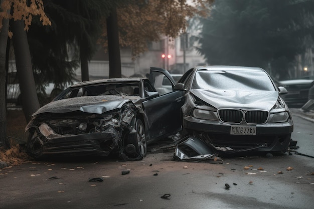 A black bmw and a black car are in a street with a car that has the license plate number plate on it.