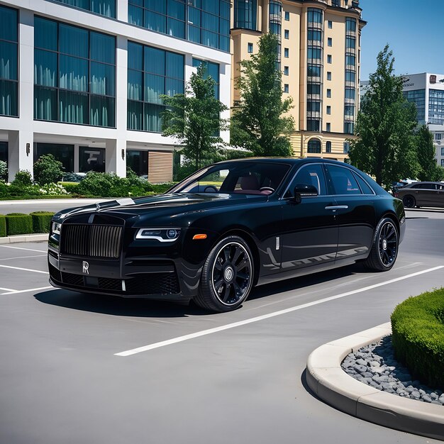 a black bmw car is parked in a parking lot