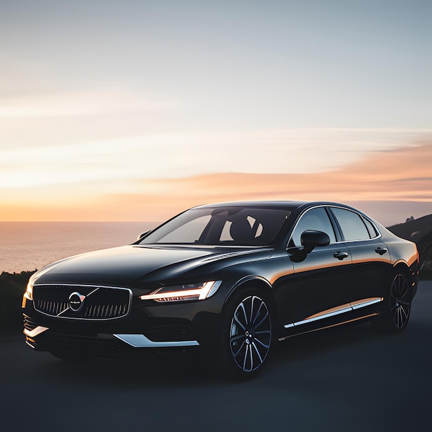 a black bmw car is parked on the road with the sun setting behind it