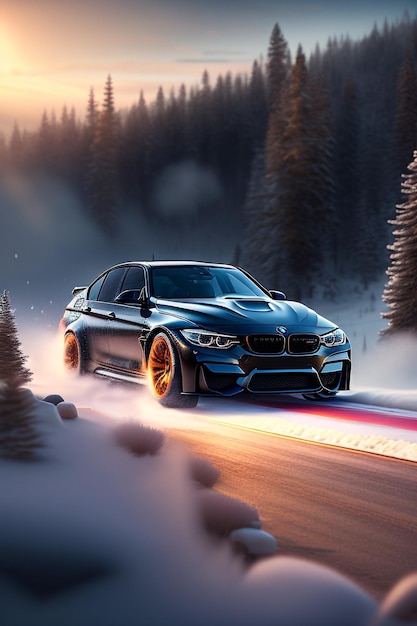 A black bmw car with orange wheels drives down a snowy road.