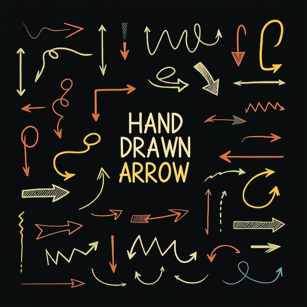 a black board with many arrows and arrows that say hand drawn to the right