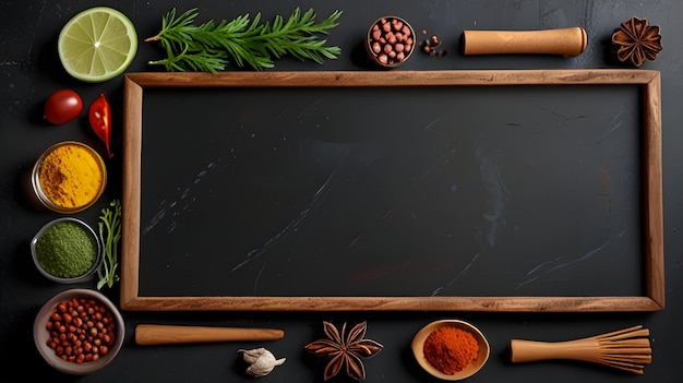 a black board with spices and a wooden frame with a wooden spoon on it